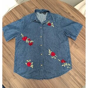 Quizz Box Rider Women's L Denim Shirt western Embroidered 90's Y2K Cottagecore
